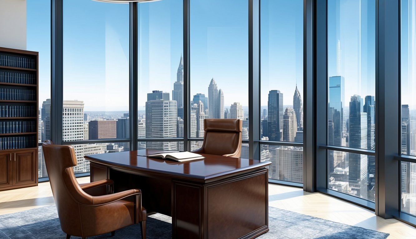 A sleek, modern office with floor-to-ceiling windows overlooking the city skyline.</p><p>A mahogany desk, leather chairs, and shelves of law books create an atmosphere of professionalism and success