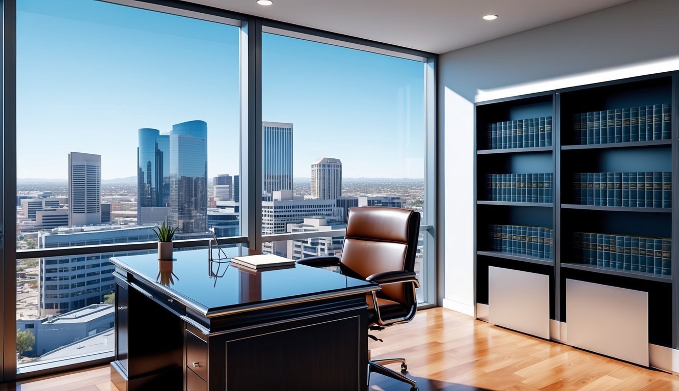 A sleek, modern office with a panoramic view of downtown Phoenix.</p><p>A polished desk, leather chair, and shelves lined with law books