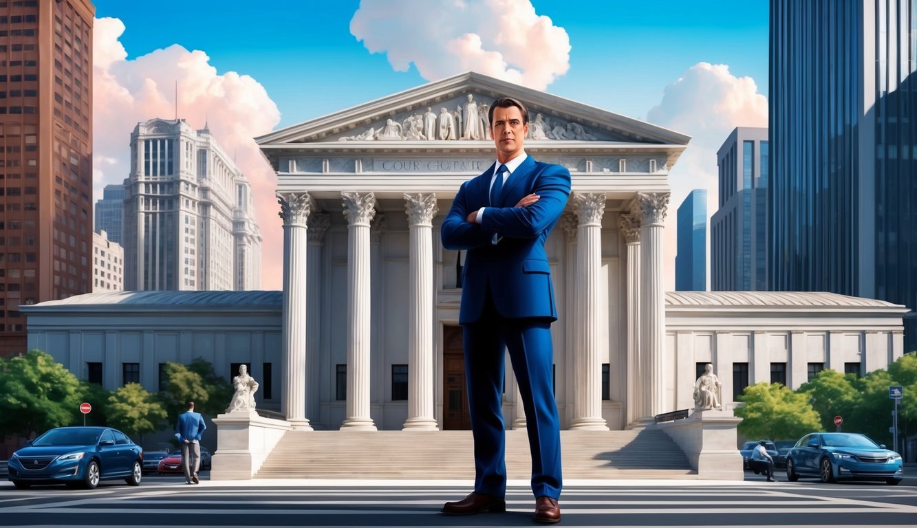 A confident lawyer standing in front of a courthouse, surrounded by tall buildings and a bustling cityscape