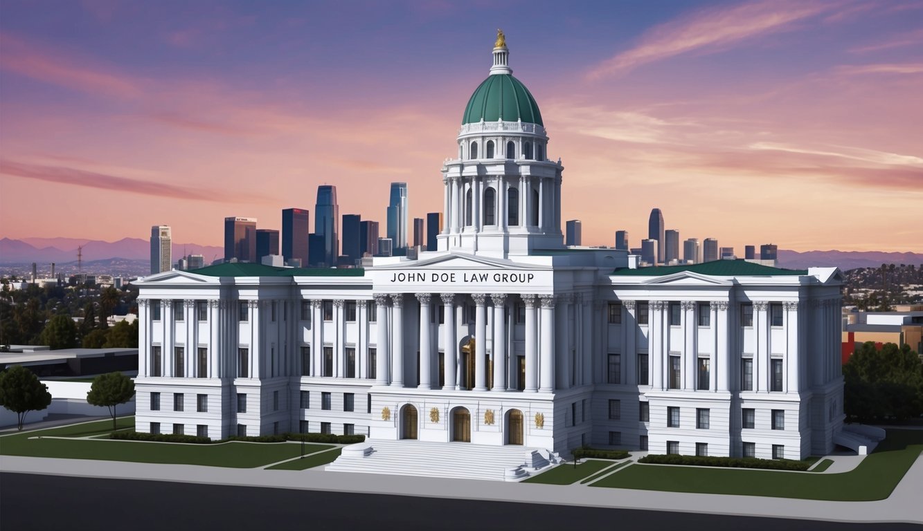 A grand courthouse with the John Doe Law Group signage, set against the Los Angeles skyline