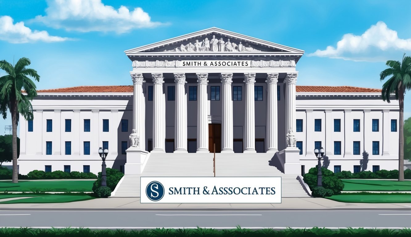 A grand courthouse in Los Angeles with the Smith & Associates logo prominently displayed