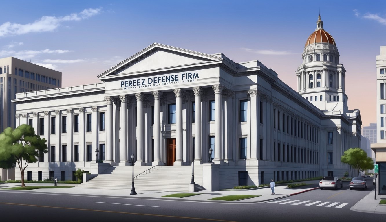 A grand courthouse in downtown LA, with the Perez Defense Firm's name displayed prominently on the building's entrance