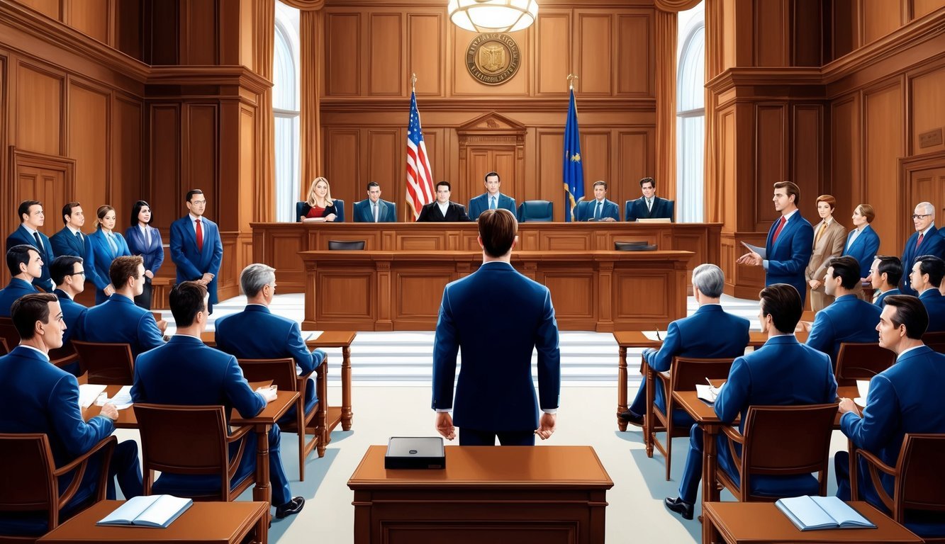 A grand courtroom with the Brown Legal Team presenting a strong case in front of a judge and jury in Los Angeles