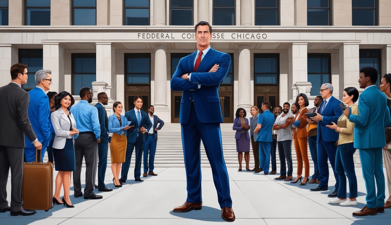 A lawyer confidently standing in front of a federal courthouse in Chicago, surrounded by a crowd of people seeking legal advice