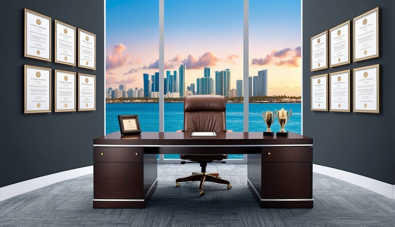 A sleek office with Miami skyline backdrop.</p><p>Legal documents and awards line the walls.</p><p>Imposing desk with leather chair