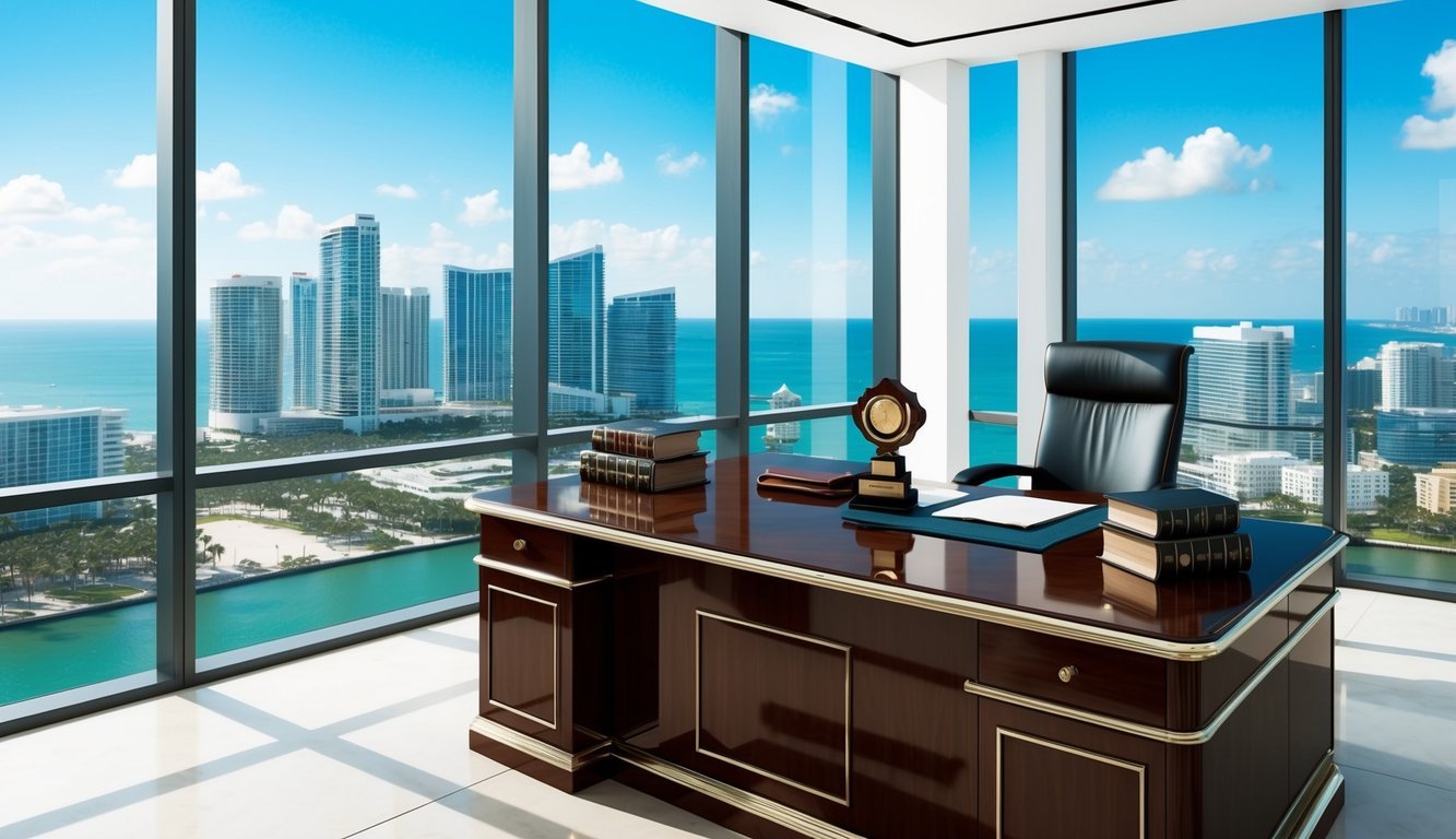 A sleek, modern office with floor-to-ceiling windows overlooking the Miami skyline.</p><p>A polished mahogany desk sits in the center, adorned with legal books and a prestigious award