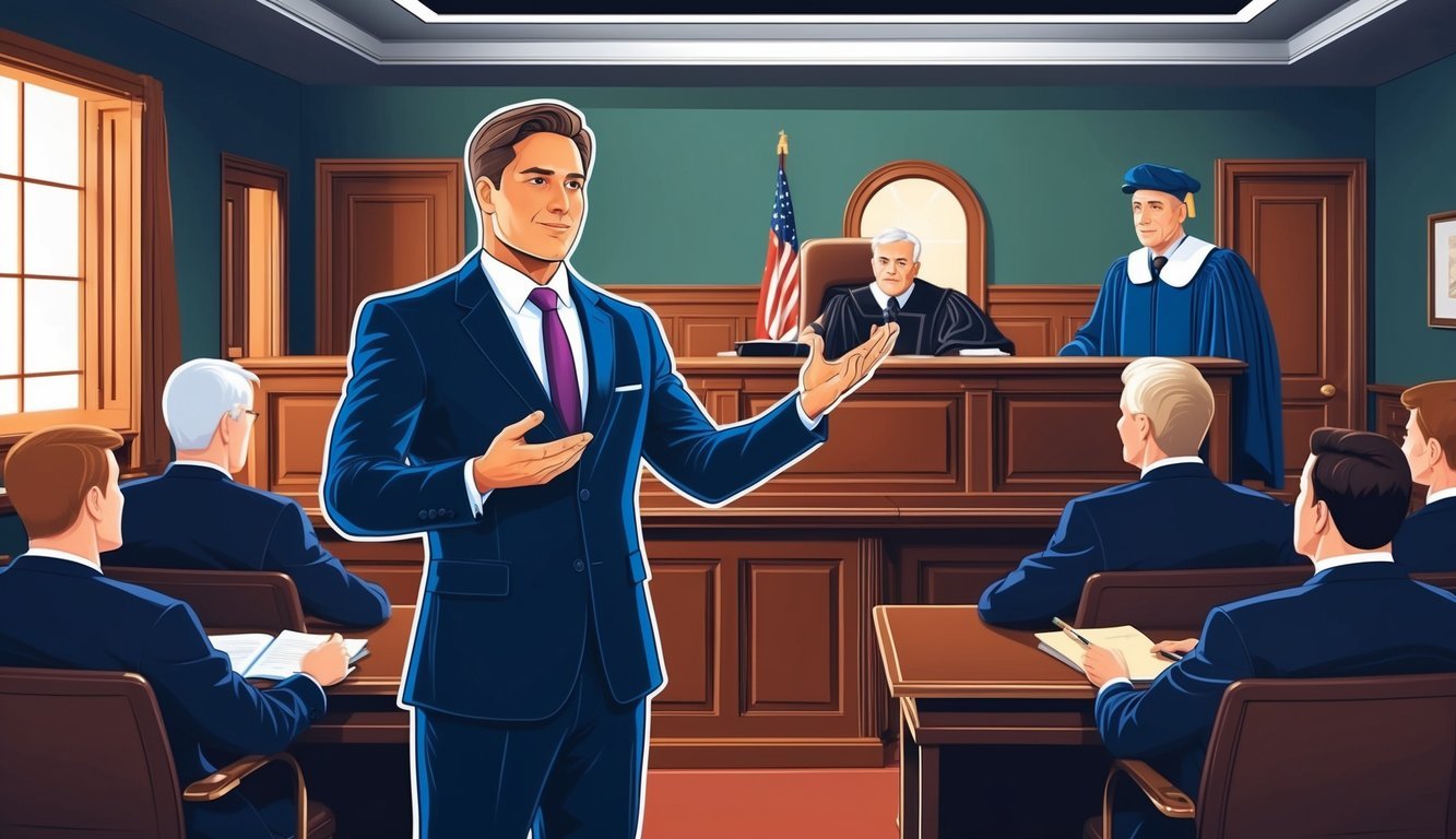 A courtroom with a confident lawyer presenting a compelling case in front of a judge and jury