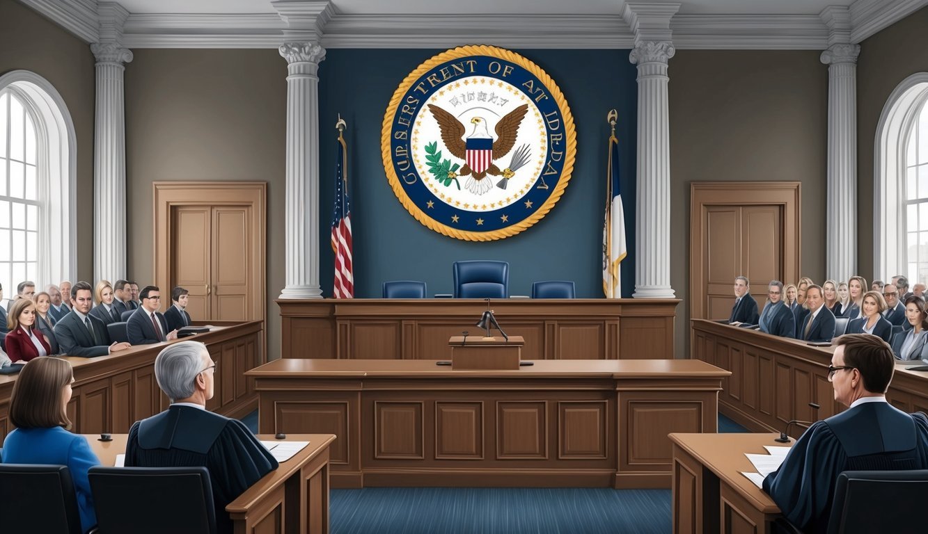 A courtroom with a judge's bench, witness stand, and gallery filled with people.</p><p>A federal seal is prominently displayed