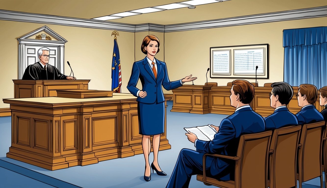 A courtroom with a judge's bench, witness stand, and jury box.</p><p>A lawyer stands confidently in front of the jury, presenting evidence