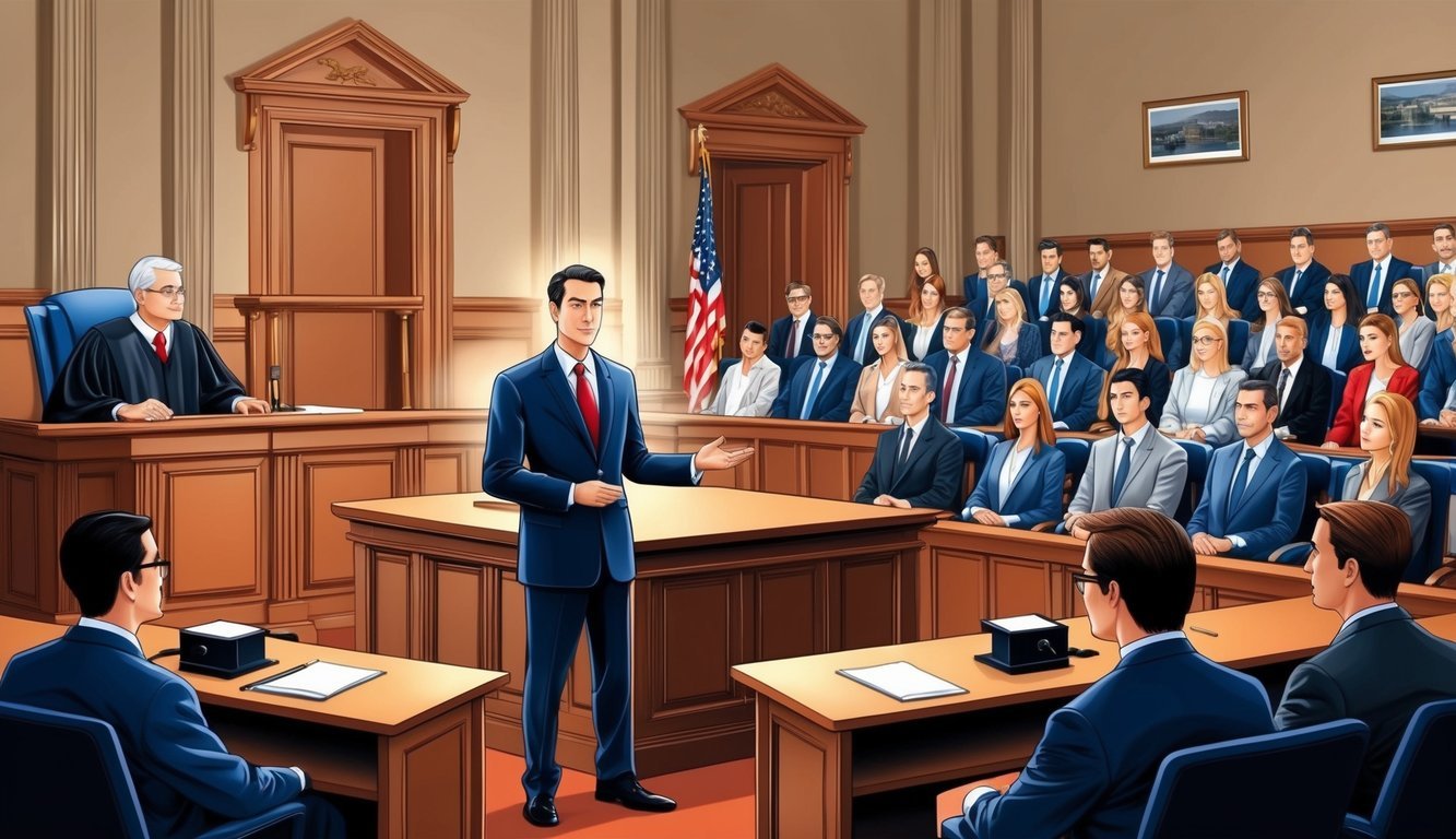 A confident lawyer presenting a case in a courtroom filled with people