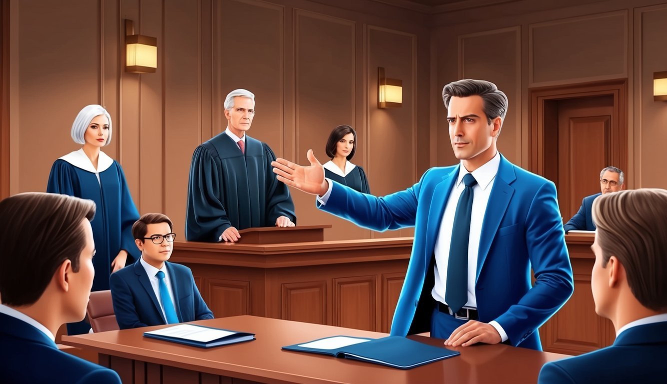 A confident lawyer presenting a case to a judge and jury