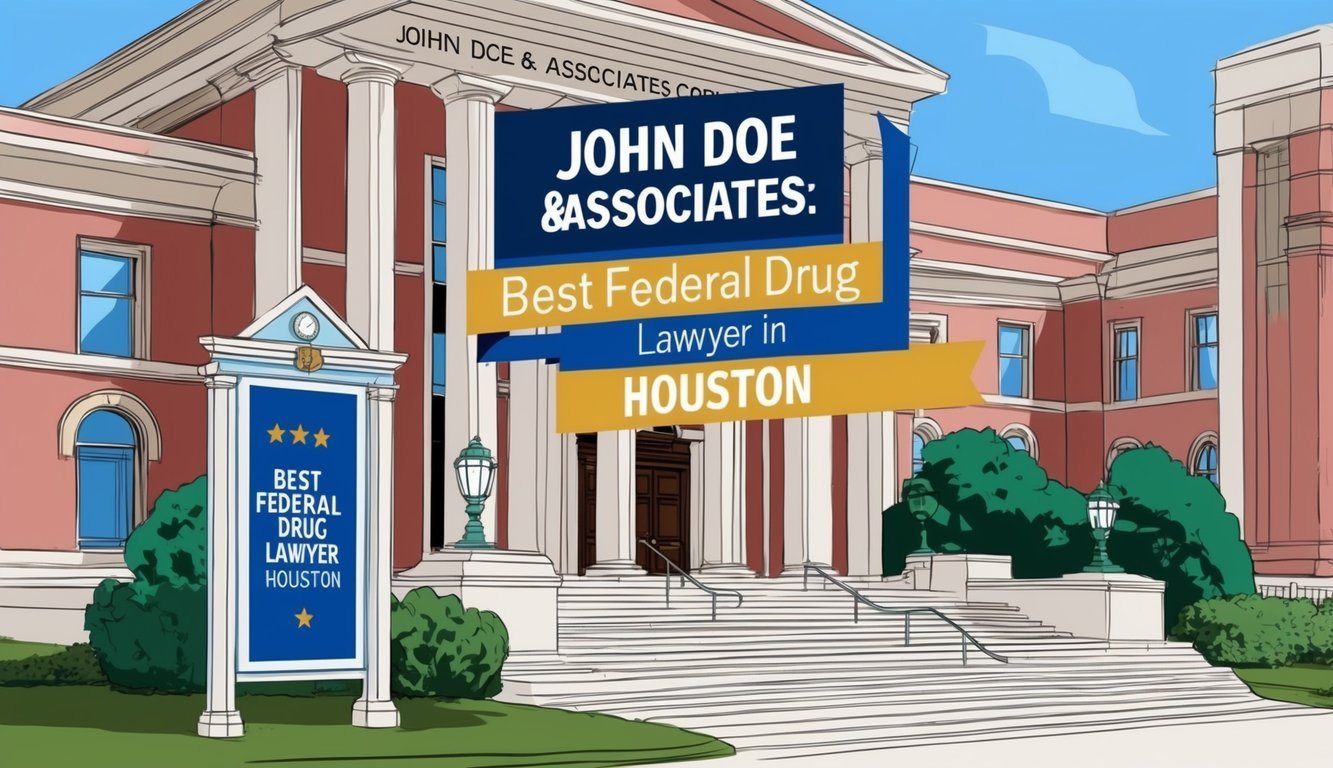 A courthouse with a prominent sign reading "John Doe & Associates: Best federal drug lawyer in Houston" displayed prominently