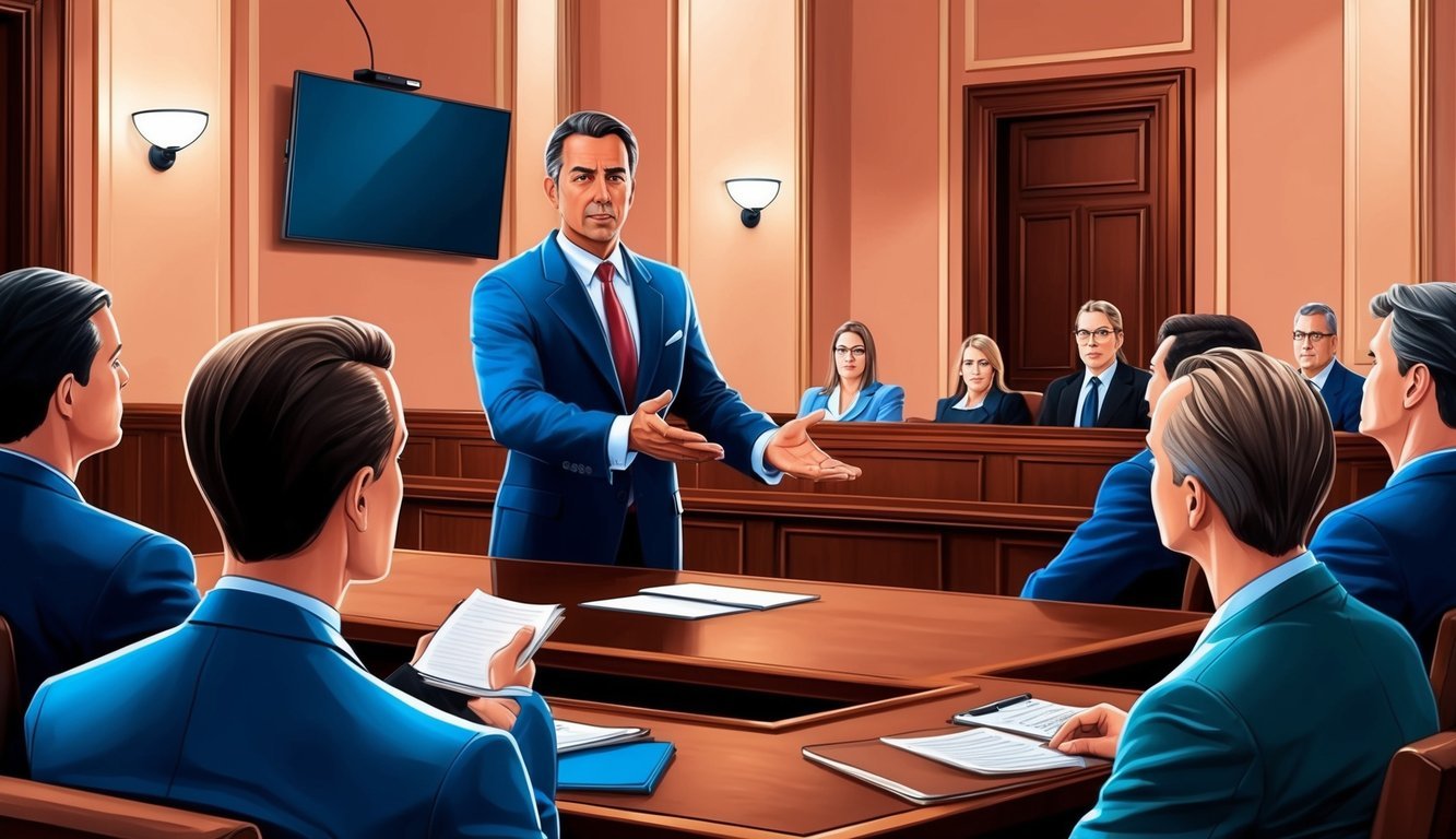 A courtroom with a confident lawyer presenting a strong case to the jury