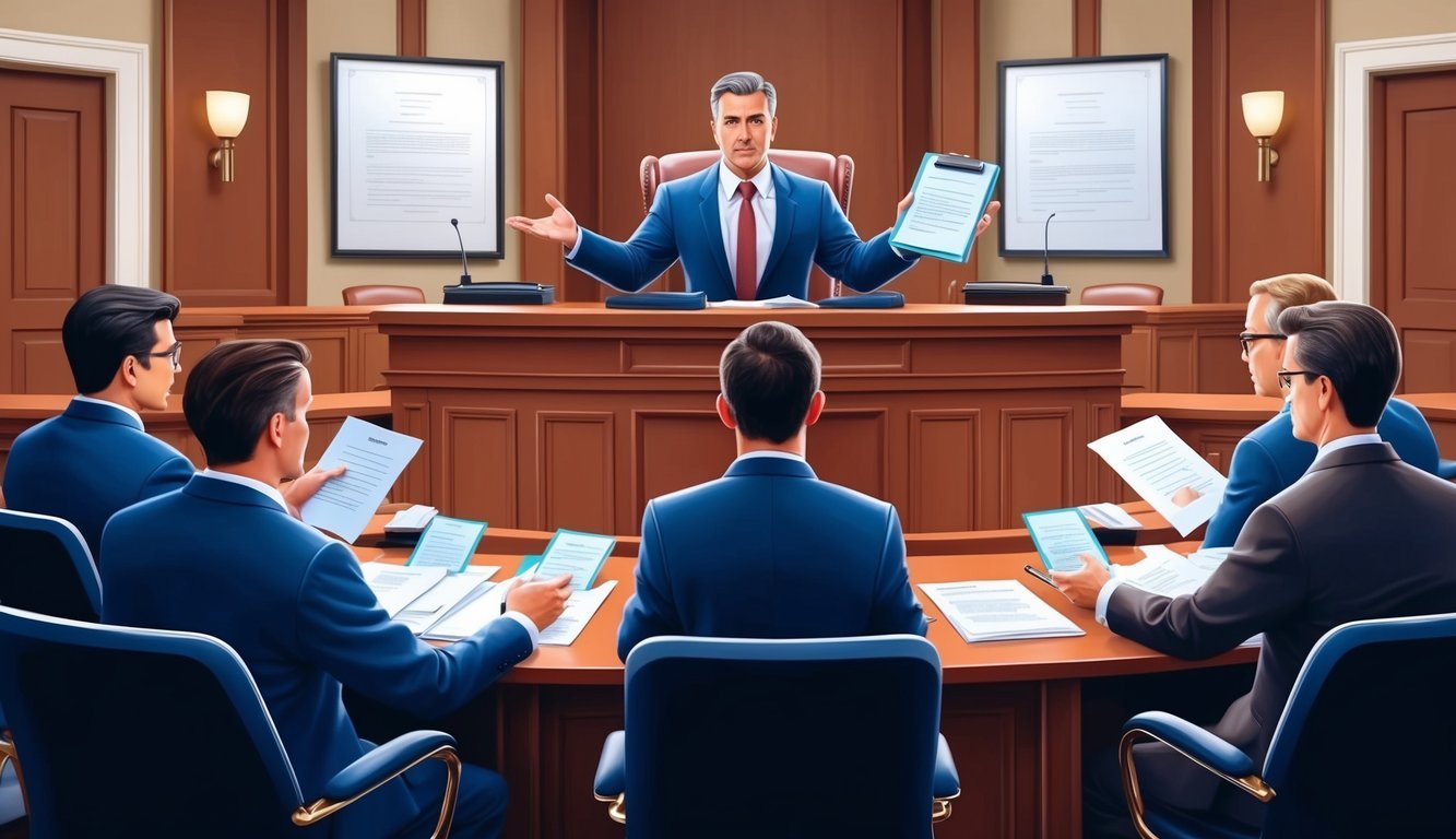 A courtroom with a confident defense attorney presenting a strong case, surrounded by legal documents and a judge's bench