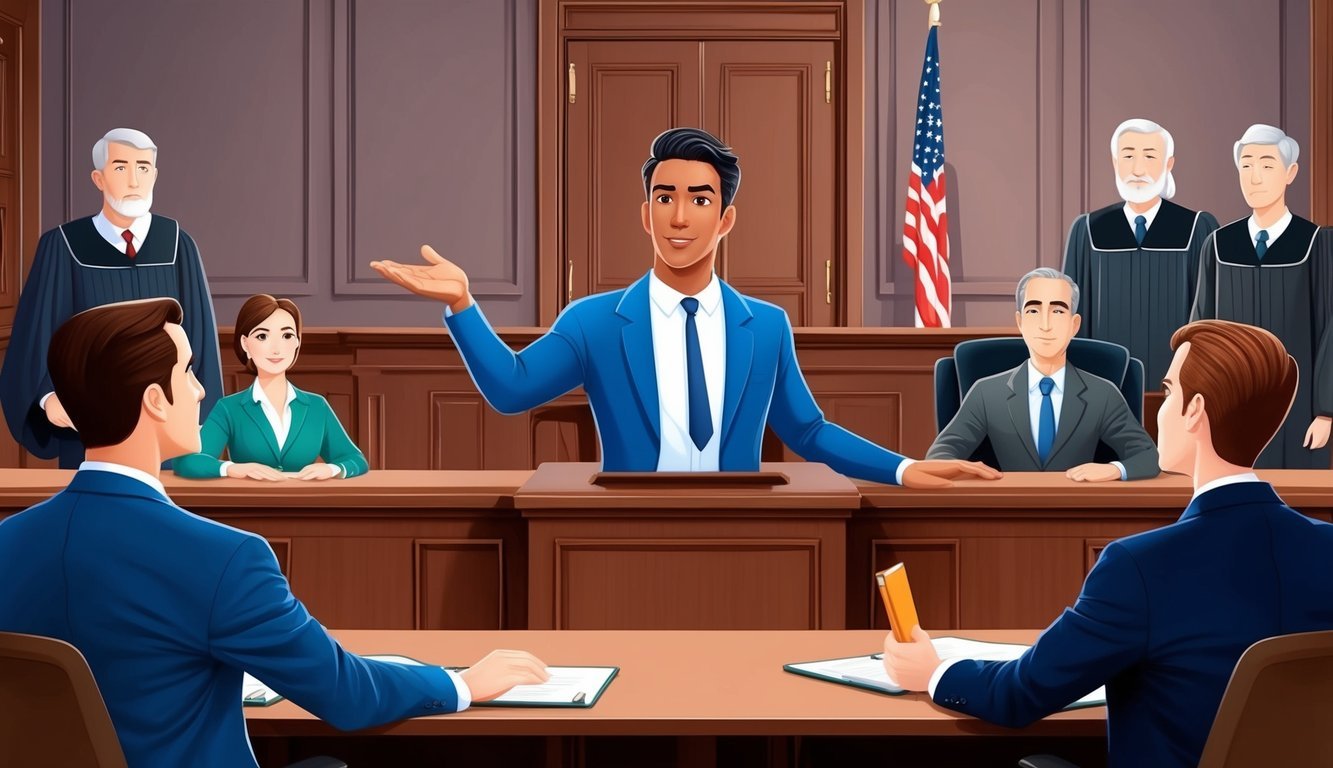 A courtroom with a confident lawyer presenting a strong case to a judge and jury