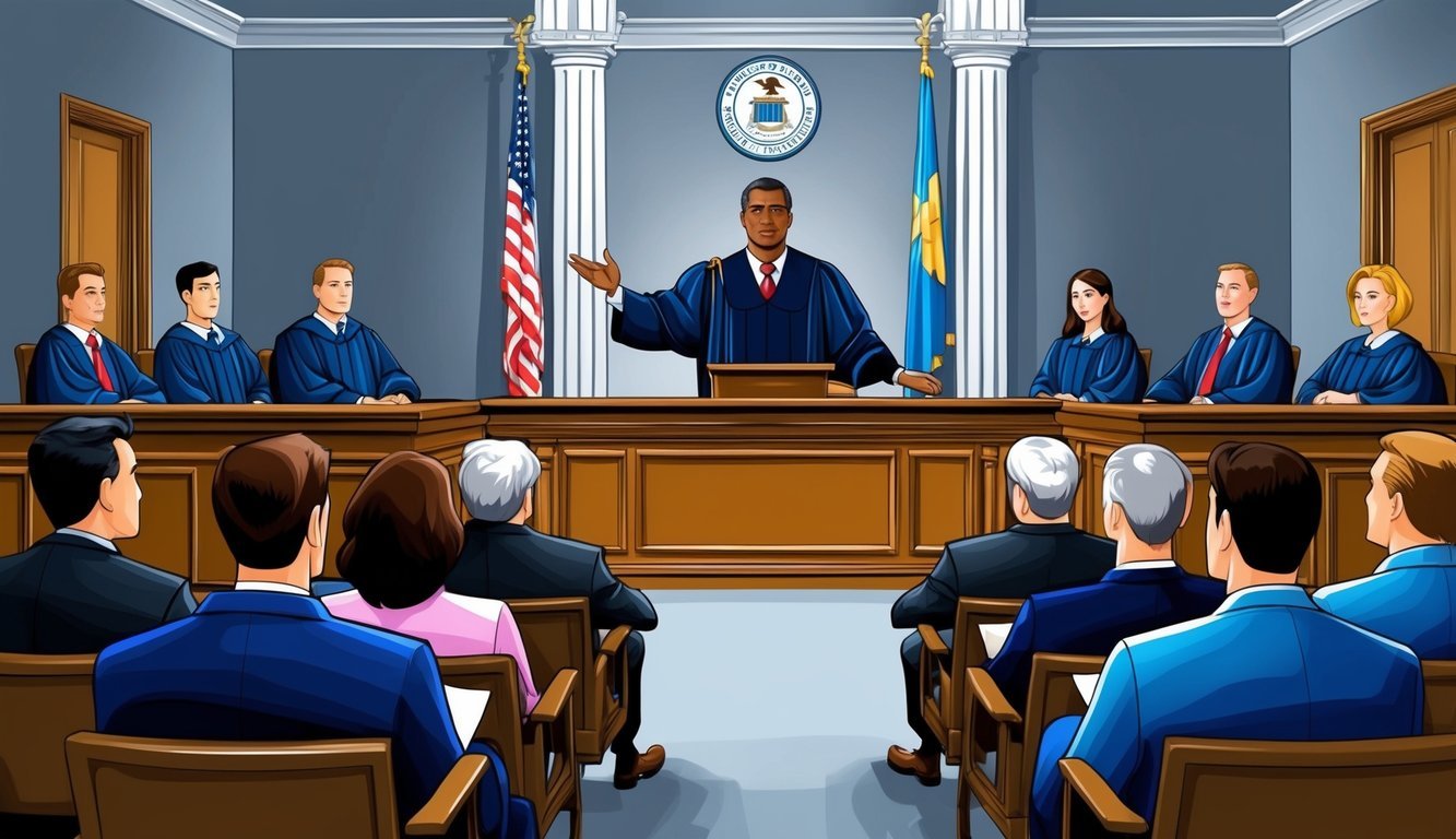 A courtroom with a judge, jury, and attorneys.</p><p>The federal drug lawyer from Morris & Dewett LLC presenting a compelling case in Atlanta