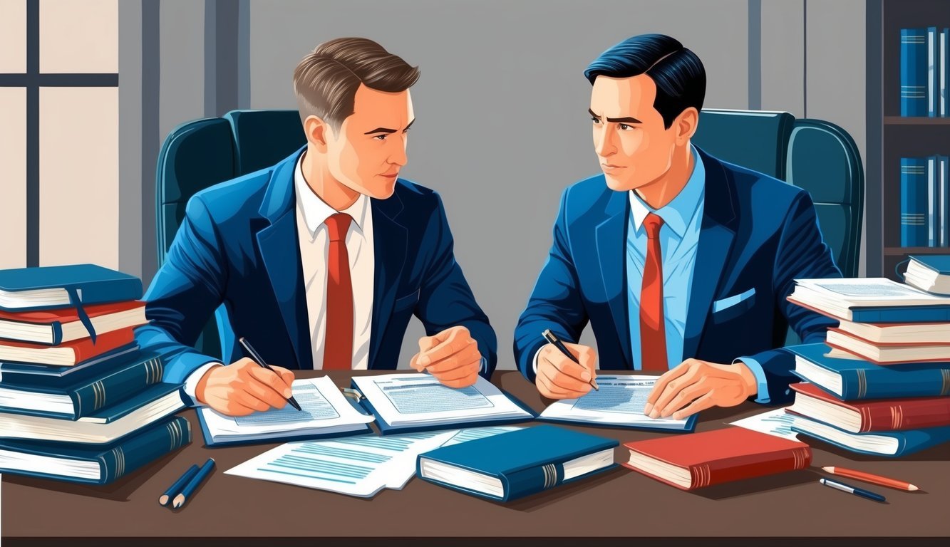 Two attorneys at their office desk, surrounded by law books and legal documents.</p><p>They are discussing a case with determination and focus