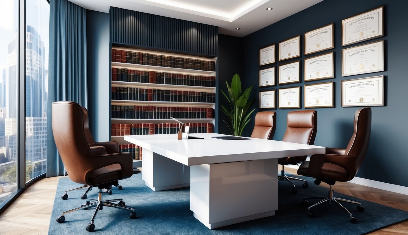 A sleek and modern office interior with a large desk and leather chairs.</p><p>A wall of law books and framed credentials