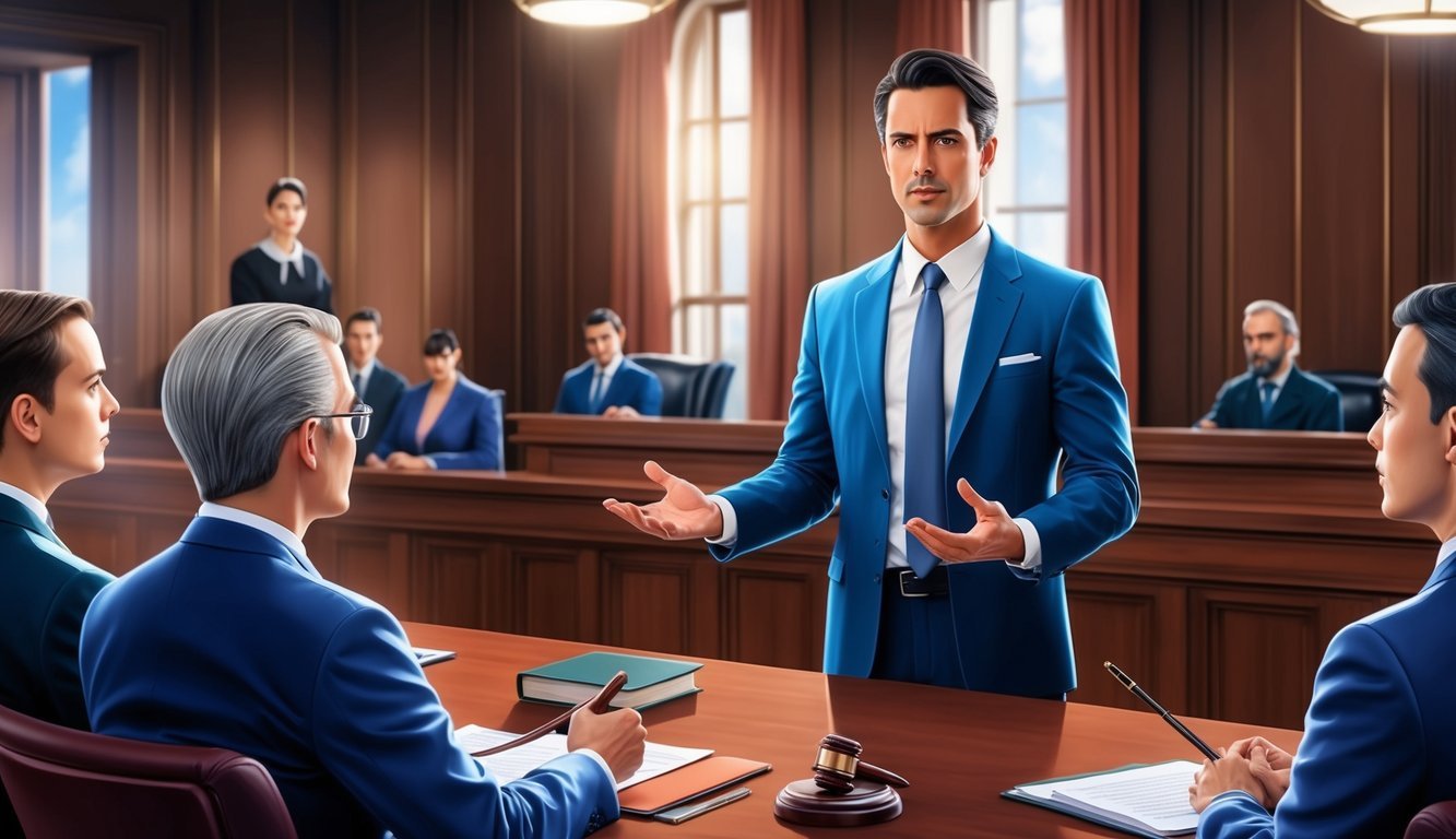 A courtroom with a confident lawyer presenting a compelling case