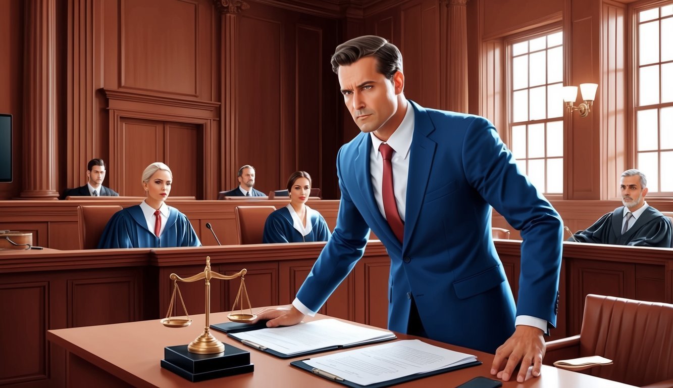 A courtroom with a confident lawyer defending a client