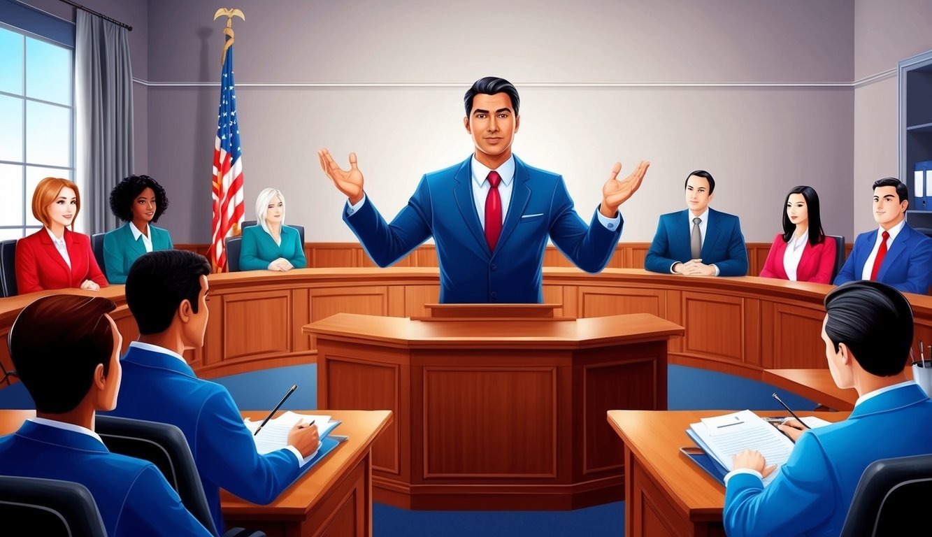 A confident lawyer presenting a compelling case to a jury in a courtroom