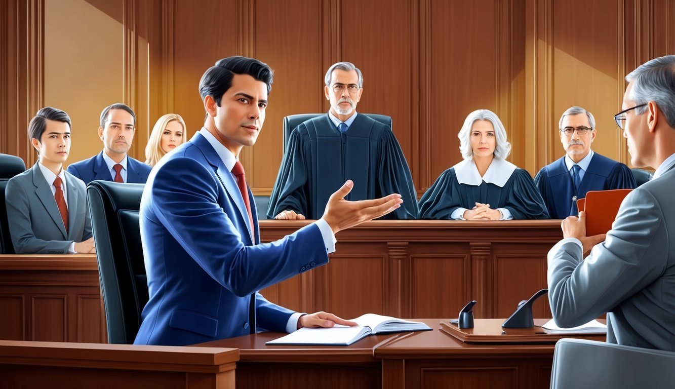 A confident lawyer presenting a compelling case in front of a judge and jury in a courtroom