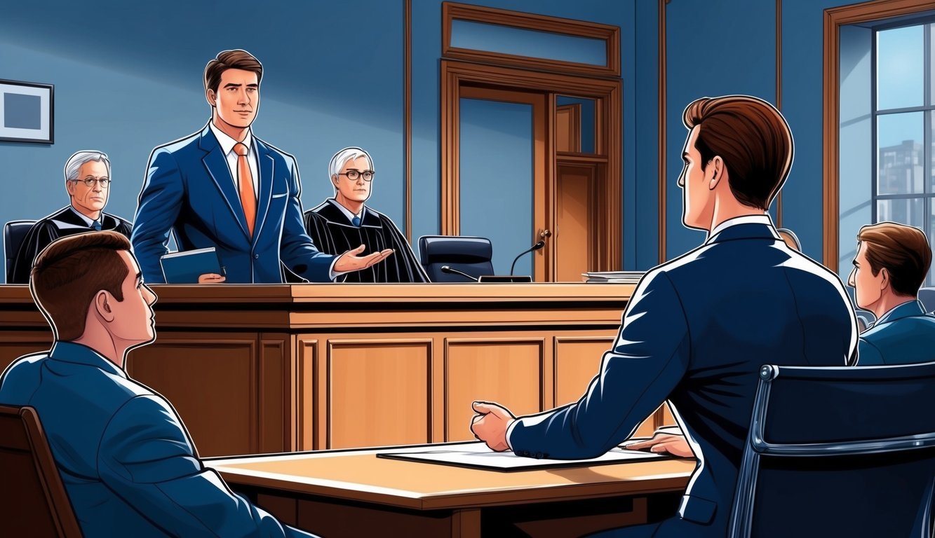 A courtroom with a confident lawyer presenting a case to a judge and jury