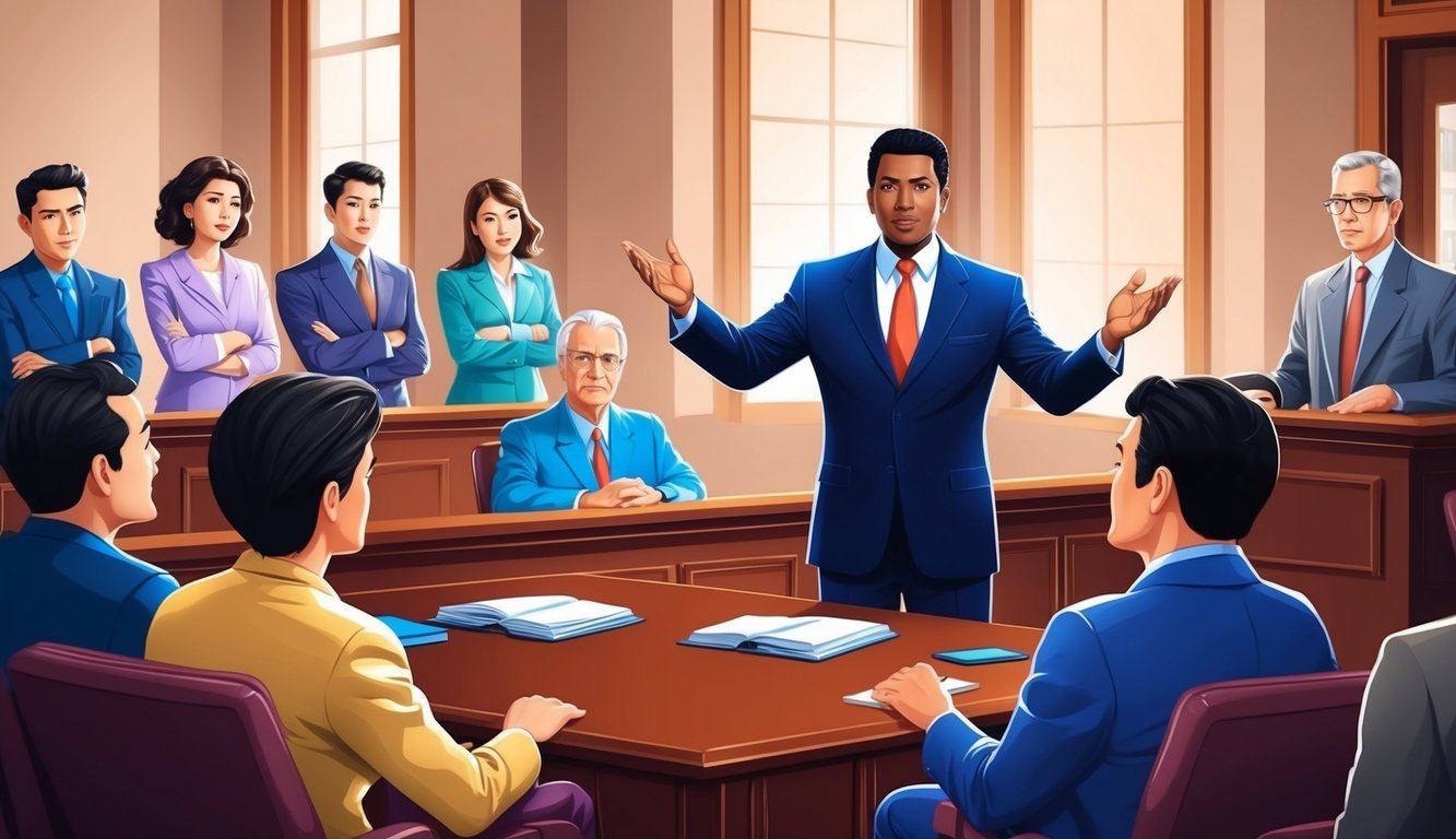 A courtroom with a confident lawyer presenting a strong case, surrounded by attentive jurors and a judge