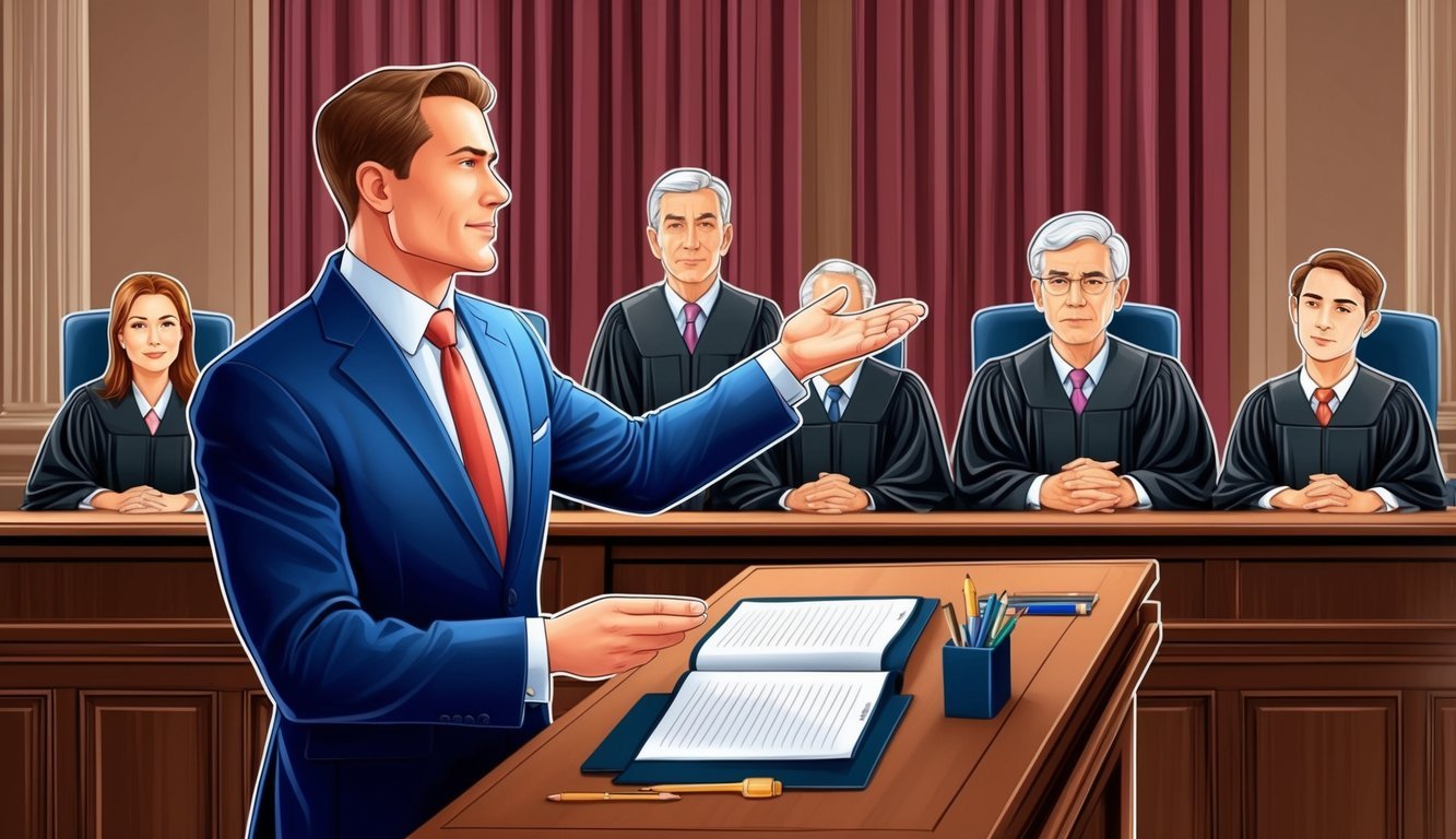 A courtroom with a confident lawyer presenting a case to a judge and jury, exuding professionalism and expertise