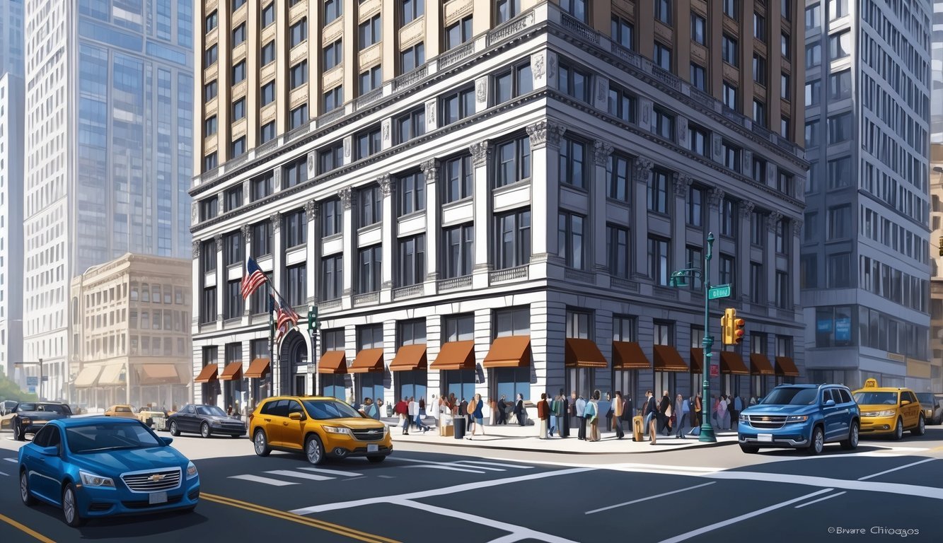 Busy Chicago street with a prominent law office building, surrounded by bustling city life