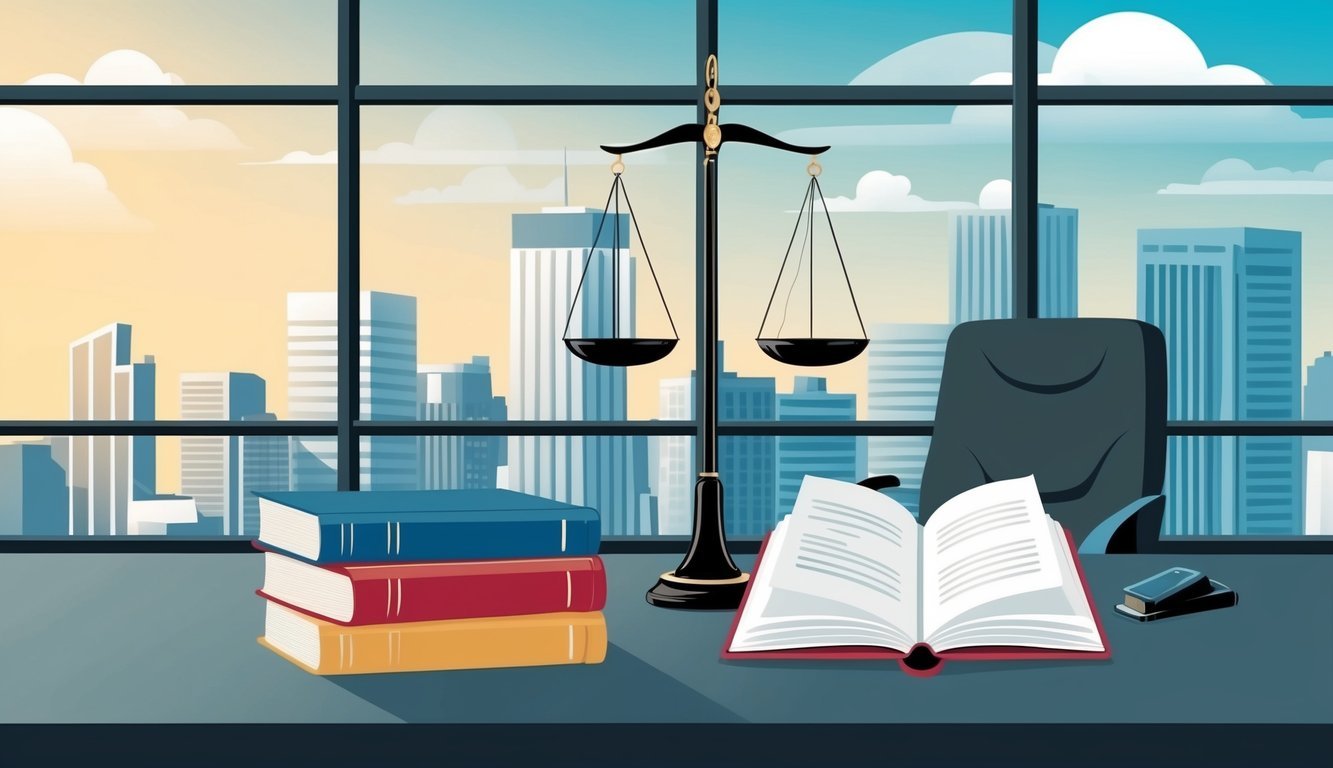 A modern office with a skyline view, law books, and a scale representing justice