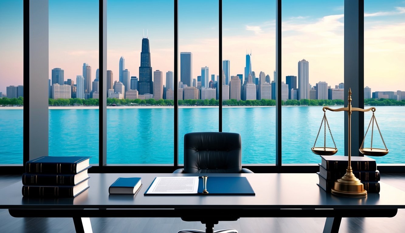 A sleek, modern office with a skyline view of Chicago, complete with law books, a desk, and a scale representing justice