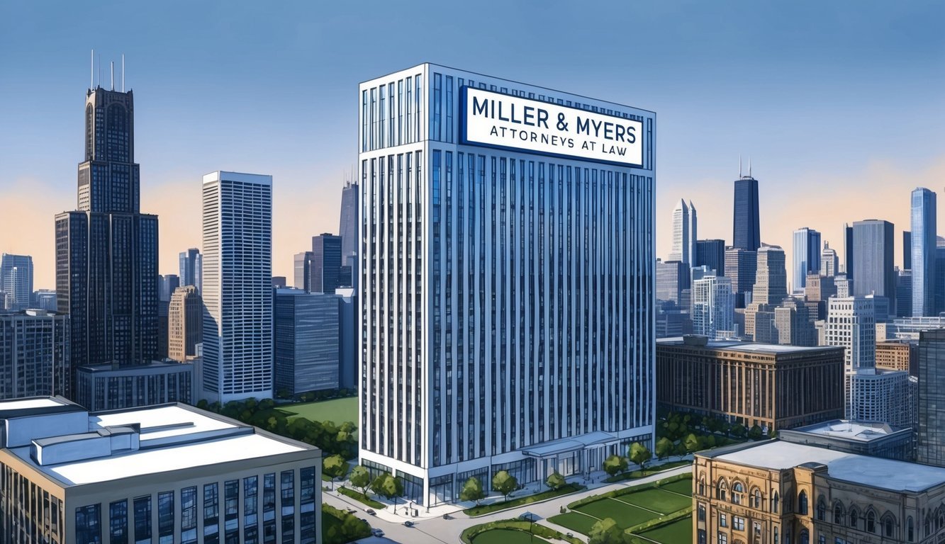 A sleek, modern law office in downtown Chicago with a prominent sign reading "Miller & Myers Attorneys at Law" stands out among the city skyline