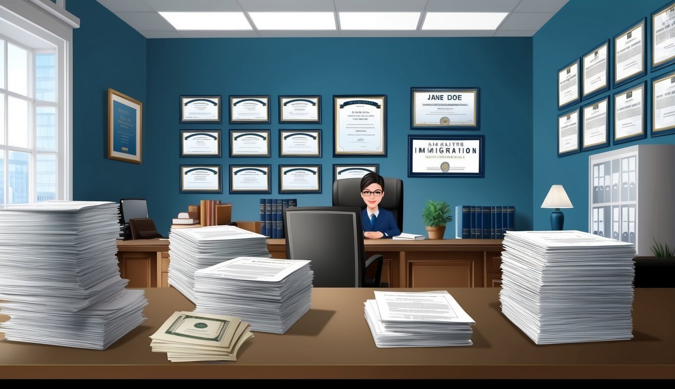 A busy law office in Washington DC, with stacks of legal documents and a wall of accolades for Jane Doe's successful immigration cases