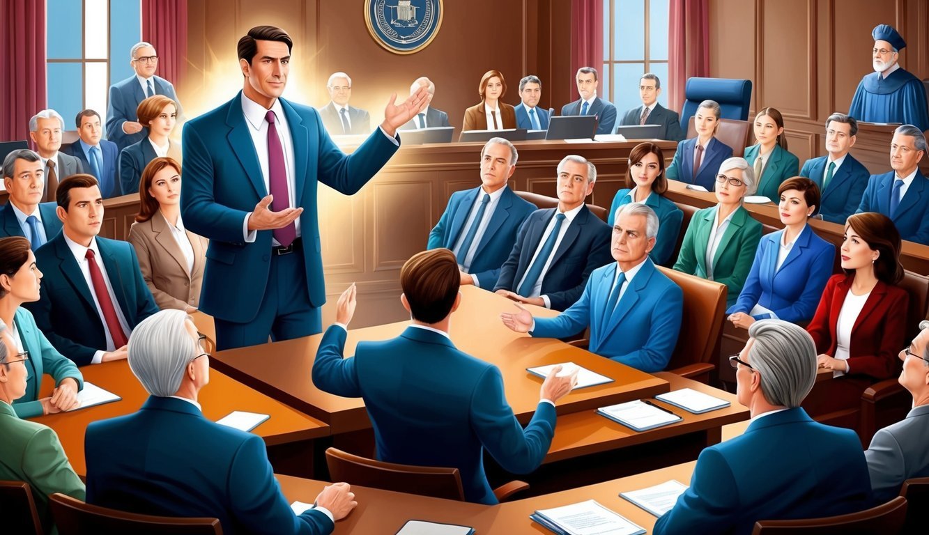 A bustling courtroom with a confident lawyer presenting a compelling case, surrounded by attentive jurors and a stern judge