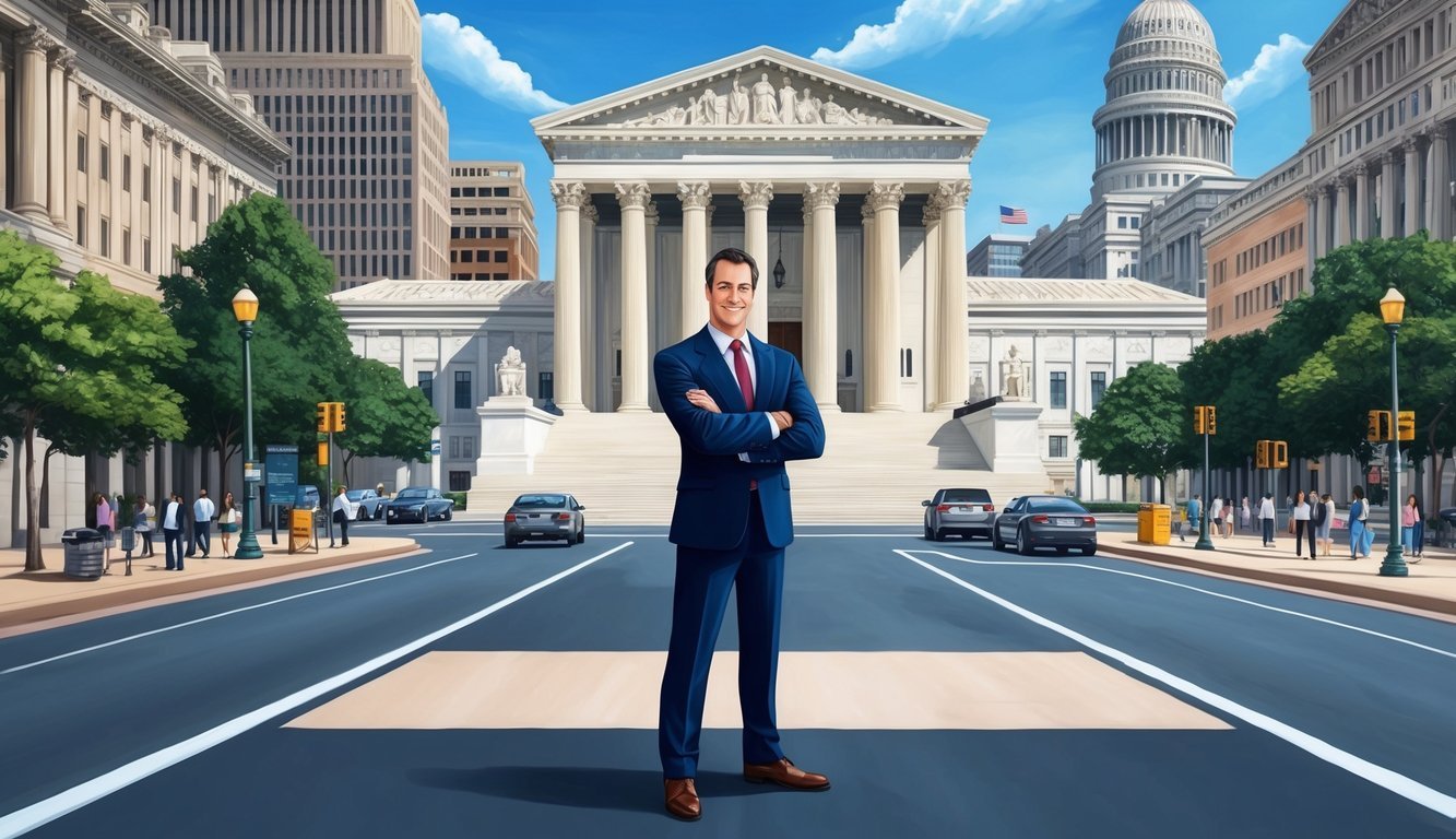 A confident lawyer stands in front of a grand courthouse in Washington DC, surrounded by bustling city streets and towering government buildings