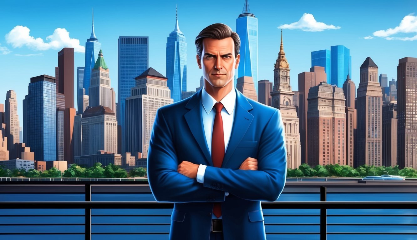 A confident lawyer standing in front of the New York City skyline, with a determined expression