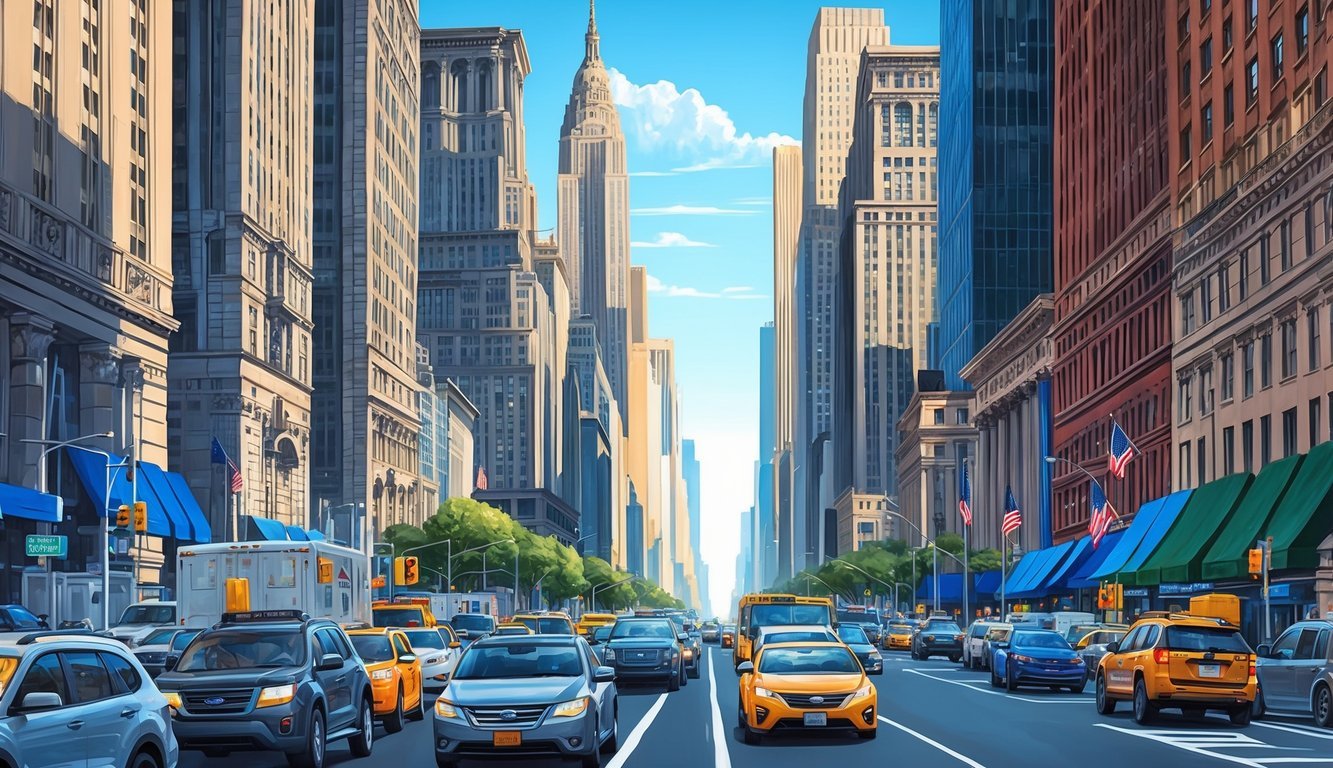 A busy New York City street with towering skyscrapers and bustling traffic, conveying a sense of power and authority