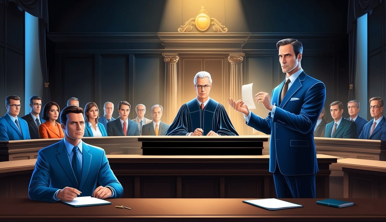 A dimly lit courtroom with a stern judge, focused jury, and a confident lawyer presenting evidence