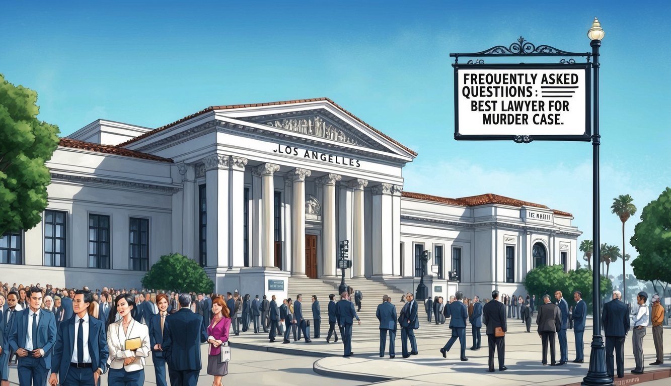 A courthouse in Los Angeles, with a bustling crowd and a sign reading "Frequently Asked Questions: Best lawyer for murder case."