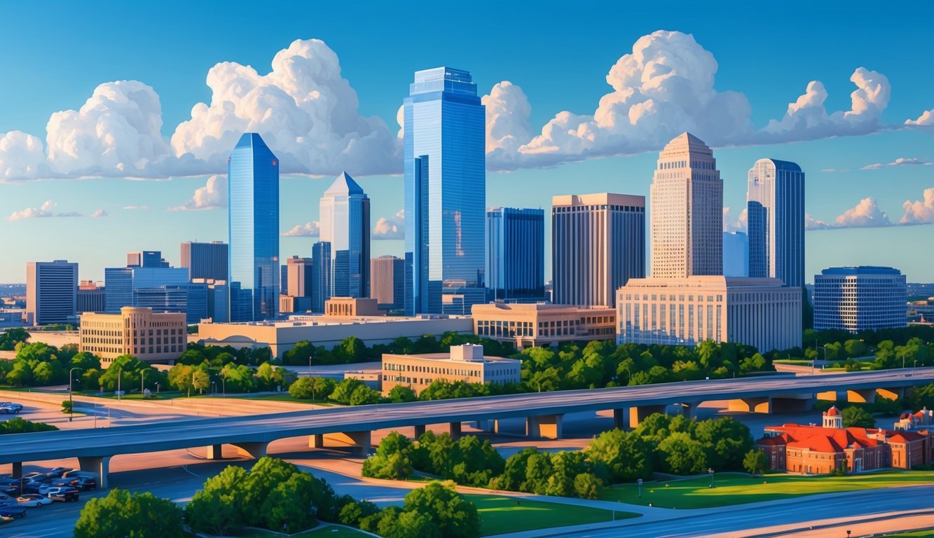 A skyline of Dallas with a prominent law office building