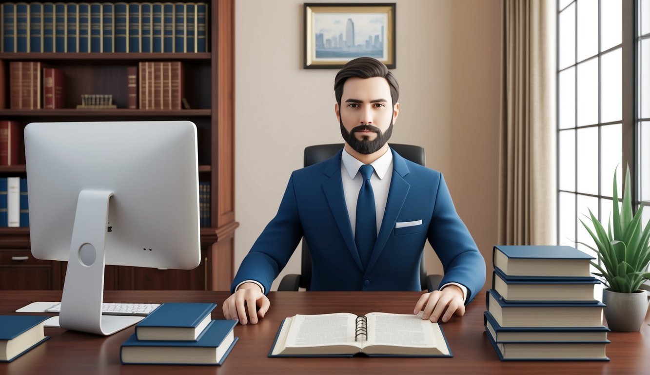 A lawyer's office with law books, a desk, and a computer