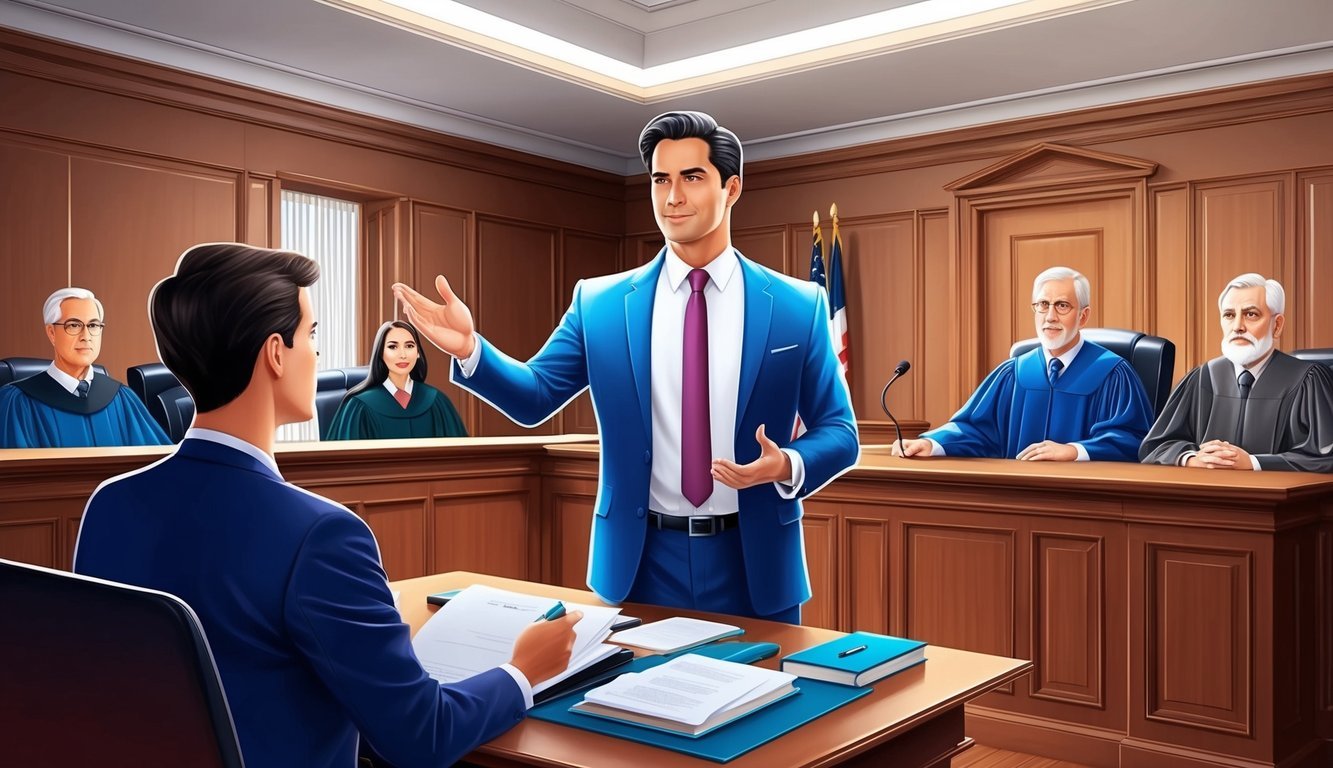 A courtroom with a confident lawyer presenting a case to a judge and jury