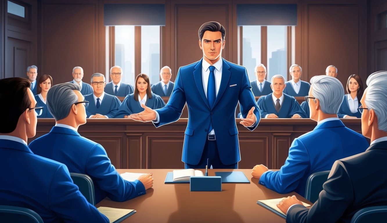 A courtroom with a confident lawyer presenting a case, surrounded by attentive judges and jurors.</p><p>The atmosphere is professional and serious, with the lawyer exuding expertise and determination