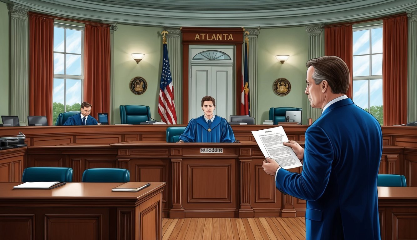 A courtroom in Atlanta, with a lawyer presenting evidence in a murder case