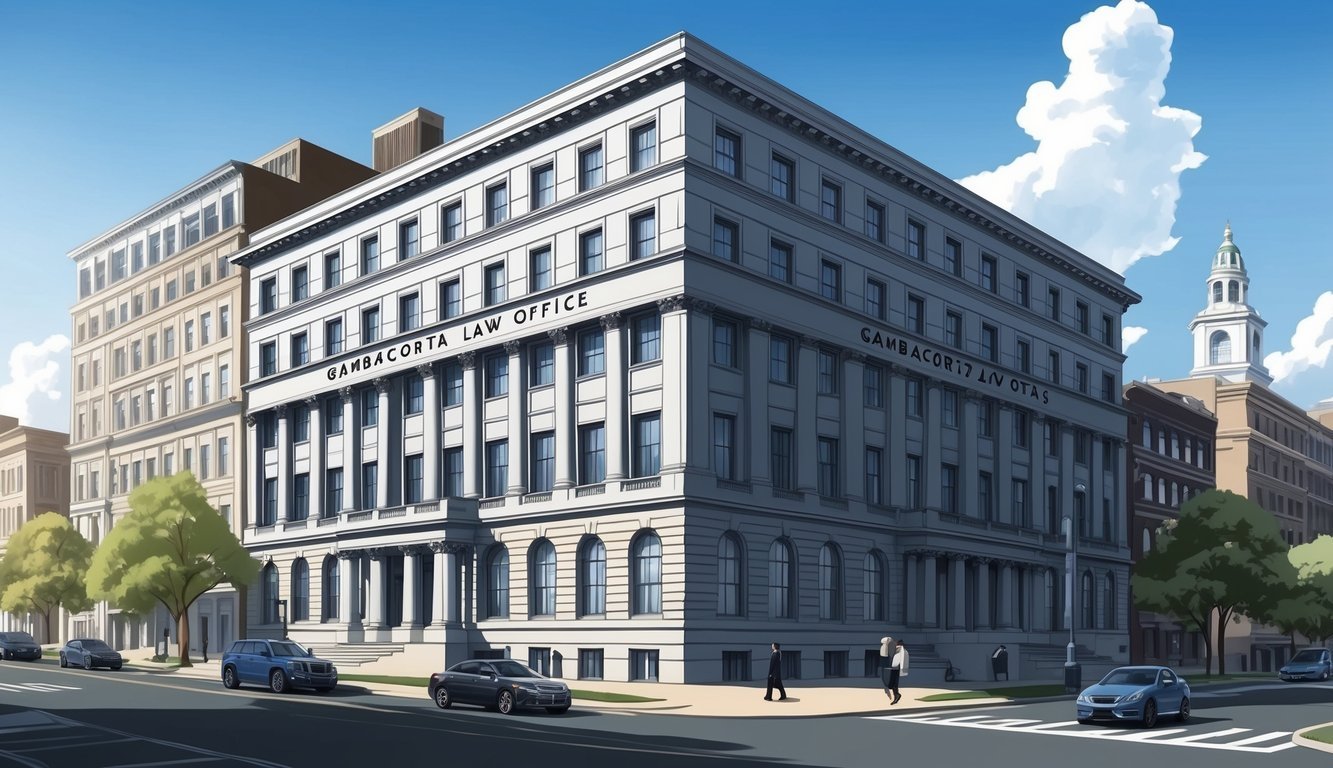 A grand, stately law office building in the heart of Philadelphia, with a prominent sign displaying the name "Gambacorta Law Office" and a sense of professionalism and authority