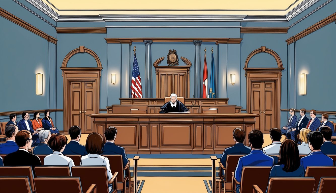 A courtroom with a judge's bench, witness stand, and seating for a jury and spectators