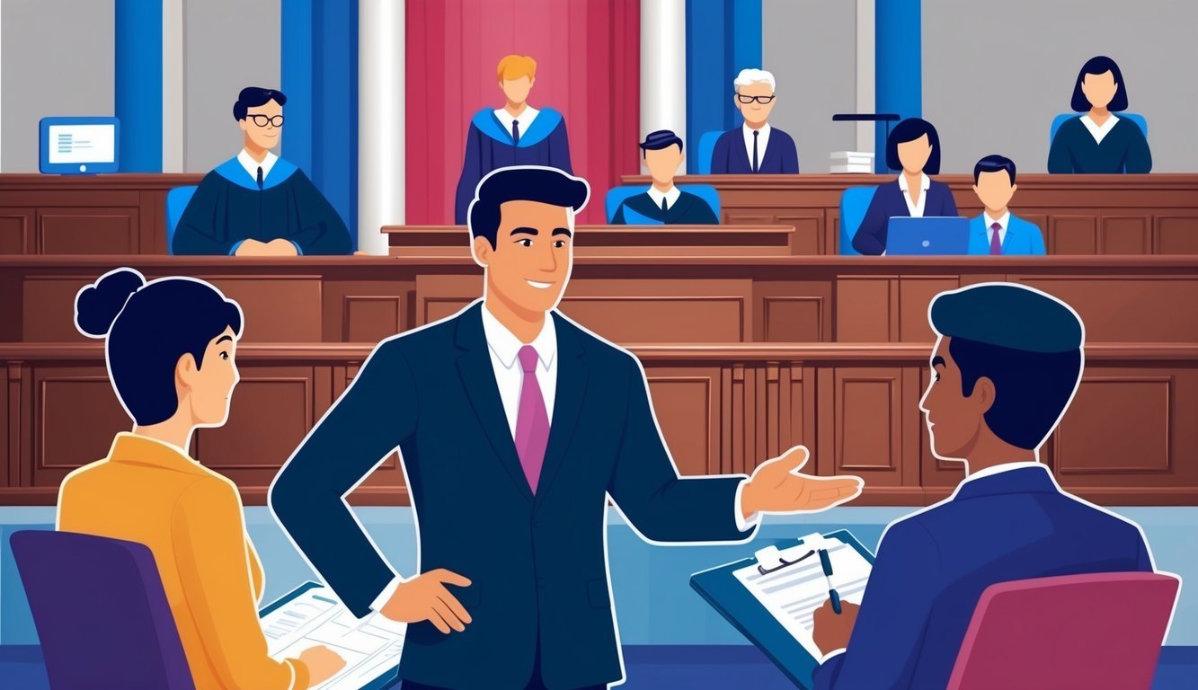 A courtroom with a judge, lawyers, and clients, with a focus on a confident lawyer representing a client in an immigration case