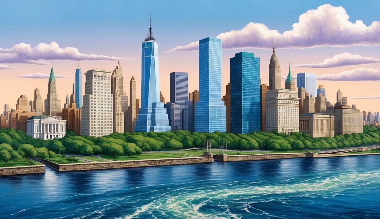 A skyline of New York City with a prominent law firm building and a flowing river in the background