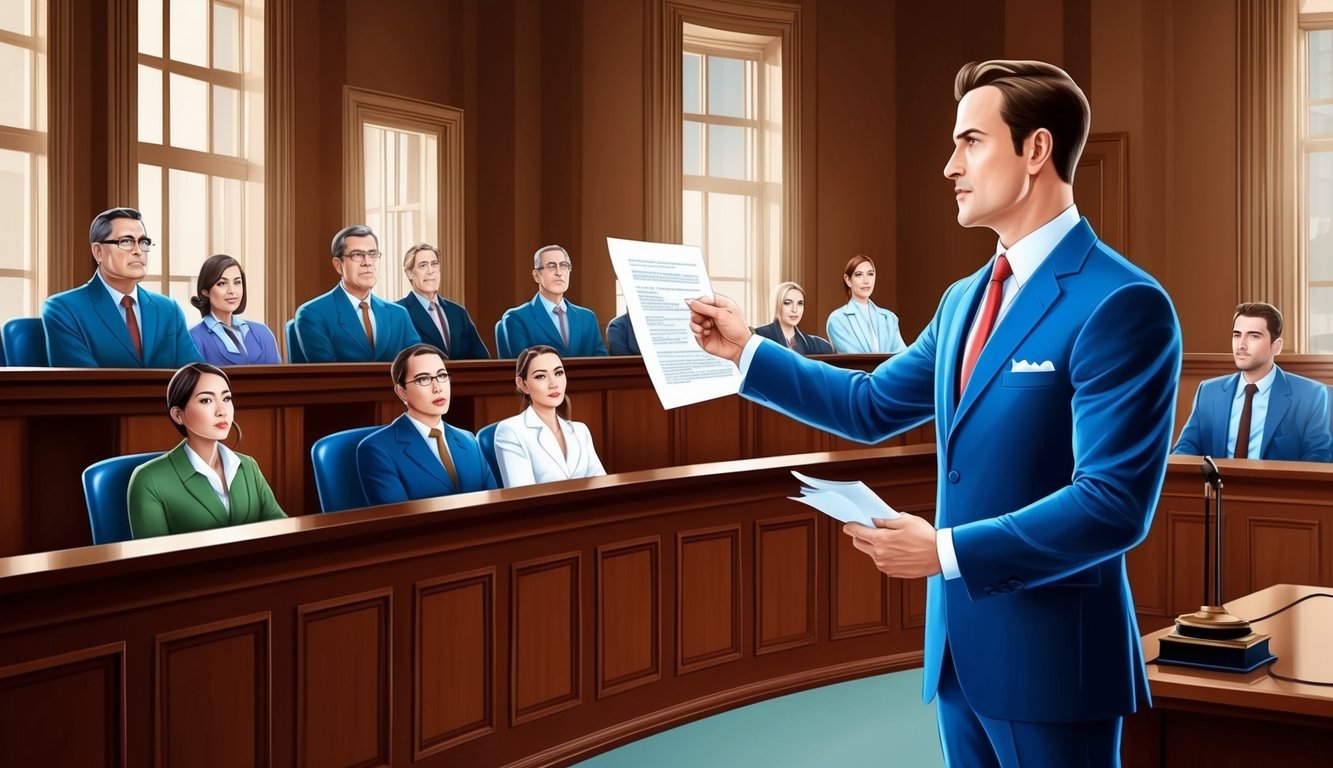 A courtroom with a confident lawyer presenting evidence to a jury